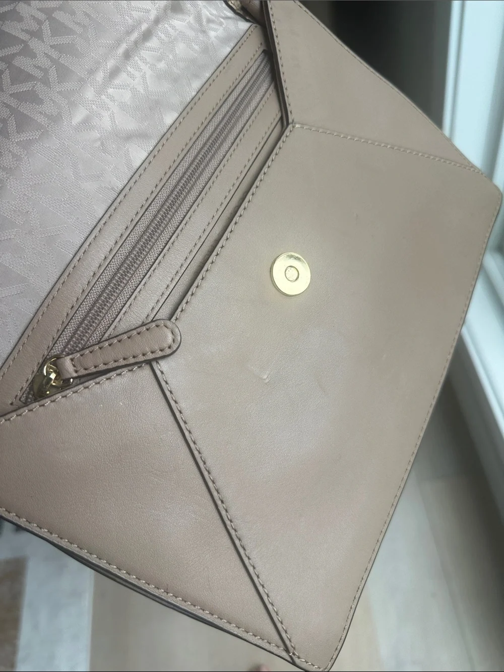Michael Kors Taupe Leather Clutch with Snake-Print Flap and Gold Chain